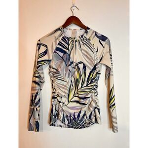 CALIA by Carrie Underwood Tropical Palm Rash Guard Zip Top Women Small Swim Surf